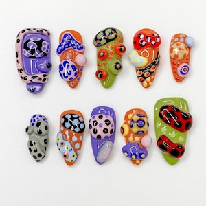 Abstract Art World Style Press On Nails,Abstract Polka Dot Nail Art,Colorful and Quirky Aliencore Nail Design,Unique Eccentric Cosmic Nail