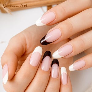 Luxury Pink French Tip Press On Nails, Handmade White&Black and Pink Nails, Minimalist Everyday Style Press-On Nails, Classic Fake Nails