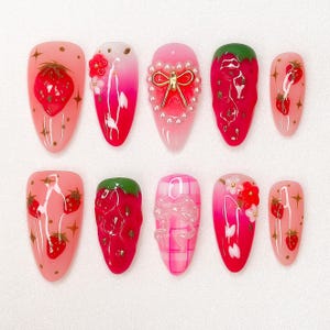 Handmade 3D Strawberry Press On Nails: Red Crystal Party Nails