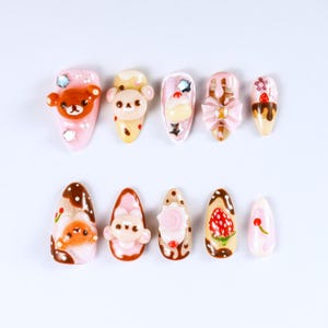 Handmade 3D Bear Press-On Nails: Kawaii Y2K Chocolate Drip Nail Art