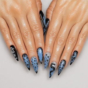 25SS Luxury Handmade Press-On Nails, Blue-Black Pearl Nails, Dark Queen Series Press-On Nails, Long Stiletto Nails, 3D Decorative Nails