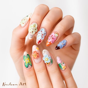 Handmade 3D Floral Press On Nails: Vibrant Multi-Color Flower Nail Art