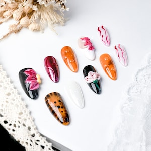 Handmade Burgundy Color-Block Press-On Nails: 3D Floral Nail Art