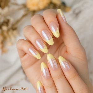 Luxury French Tip Press On Nails | Handmade Yellow and Pink Nails | Minimalist Everyday Style Press-On Nails | Reusable False Nails | Nails