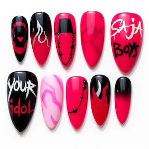 Handmade Saja Boys Press On Nails, Kpop Demon Hunters Press On Nails, Halloween Special Custom Nails, Hot Pink Movie Art Press On Nails