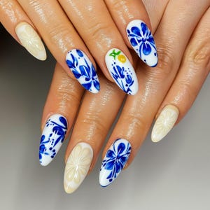 Handmade Lemon Floral Press On Nails: Blue & White Porcelain Design