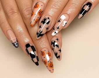 Nails press on acrylic short square Spiderweb Halloween spooky!