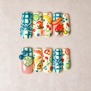 Fruit Picnic Press On Nails, 3D Gel Fruit Nail Art with Gingham & Bows, Summer Nails, Kawaii Fruit Picnic Nails, Blue Gingham Bow Nails