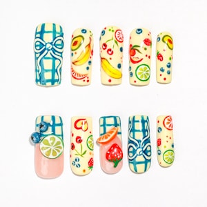 3D Fruit Picnic Press On Nails: Kawaii Gingham Bow Nail Art