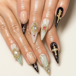 Luxury Cross Gem Press-On Nails: 3D Scepter Royal Style