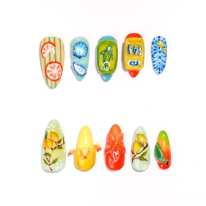 Mediterranean Style Press On Nails, 3D Fruit & Shell Nail Art, Handmade Ceramic Style Press-on Nails, Summer Vacation Colorful Press On Nail