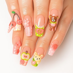 3D Bear Fruit Press On Nails: Kawaii Pink Nail Art
