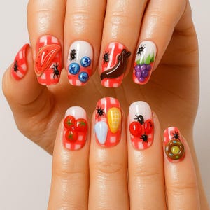 Obst Käfer Press-On Nägel, Wassermelone|Weintrauben|Tomate|Donut|Antand Schnecke Fake Nägel, handgemachte Kawaii Nagelkunst, bunte Cartoon Frucht Press-Ons
