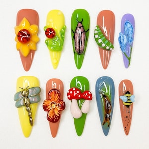 Handmade Forest Bug Press On Nails: Mushroom Butterfly Nail Art