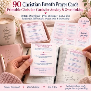 May include: A set of 90 Christian breath prayer cards featuring text for anxiety and overthinking. The cards measure 2.5 by 3.5 inches, with 9 cards per page. The set includes a mug, a journal, and an open Bible, with cards displayed in a tray.