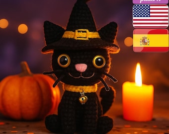 Halloween Crochet Black Cat Pattern | Amigurumi Witch Cat Crochet PDF Pattern | Cute Halloween Crochet Toy DIY Gift | Amigurumi Witch Cat