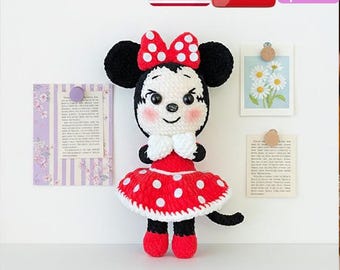 Gehaakt Minnie Mouse-patroon, schattige muis amigurumi-pop pdf, haakpatroon schattige muispop, op Disney geïnspireerd gehaakt speelgoed, Minnie Mouse-pop