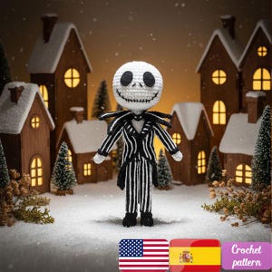 Modèle de poupée Jack Skellington au crochet | Motif amigurumi d'Halloween | Poupée squelette cauchemar | Décoration de Noël bricolage au crochet | Tutoriel PDF