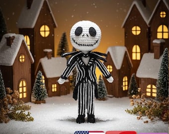Patrón de muñeco de Jack Skellington a crochet / Patrón de amigurumi de Halloween / Muñeco esqueleto de pesadilla / Decoración navideña de crochet DIY / Tutorial en PDF