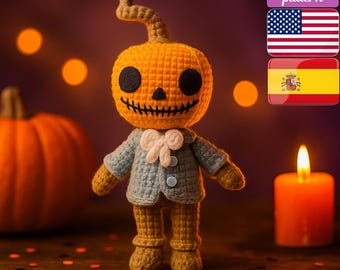 Modèle de poupée tête de citrouille au crochet | Mignon tutoriel PDF Amigurumi pour Halloween | Modèle facile de jouet au crochet citrouille | Modèle de poupée citrouille