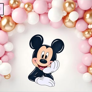 May include: A cartoon image of Mickey Mouse with a pink, white, and gold balloon arch. The balloons are arranged in an arch shape, creating a festive backdrop. The Mickey Mouse character is smiling and has his hand up.