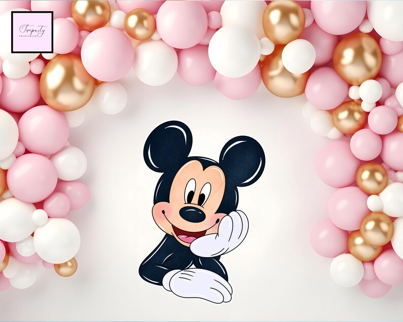 May include: A cartoon image of Mickey Mouse with a pink, white, and gold balloon arch. The balloons are arranged in an arch shape, creating a festive backdrop. The Mickey Mouse character is smiling and has his hand up.