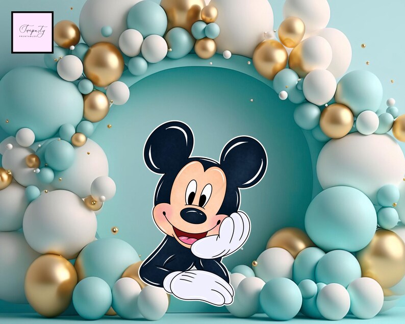 May include: A cartoon image of Mickey Mouse with a smiling expression, surrounded by a backdrop of light blue, white, and gold balloons. The balloons are arranged in an arch shape, creating a festive and celebratory atmosphere. The image includes the text "Temptaty Printables".