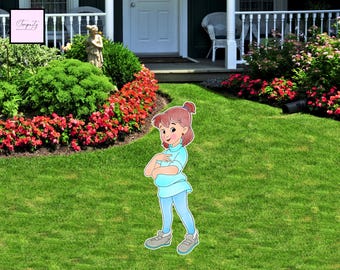 May include: A cartoon cutout of a young girl with brown hair in a ponytail, wearing a light blue shirt and pants, and gray shoes. The girl is standing on a green lawn in front of a house with a white door and a garden.