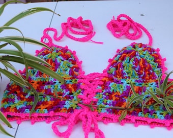 Crochet Mill beach halter top Medium size, Large size bright multicolor halter.
