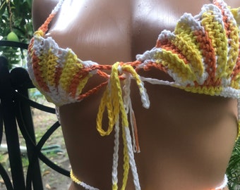 Crochet  beach maremaid halter top in size small/Medium size , yellow halter, stretch.