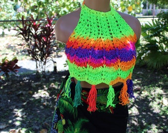 Crochet Hobo High neck granny Bohemian beach halter top Rainbow Beachwear Swimwear Cute outfit