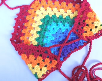 Crochet Hobo High neck granny Bohemian beach halter top Rainbow Beachwear Swimwear Cute outfit
