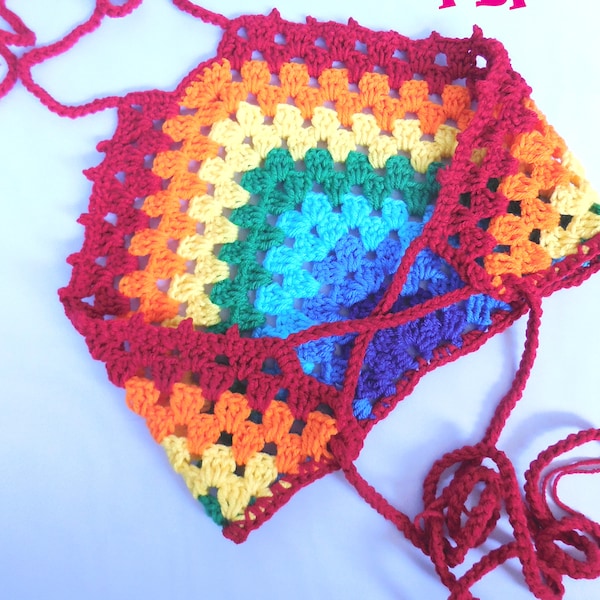 Crochet Hobo High neck granny Bohemian beach halter top Rainbow Beachwear Swimwear Cute outfit