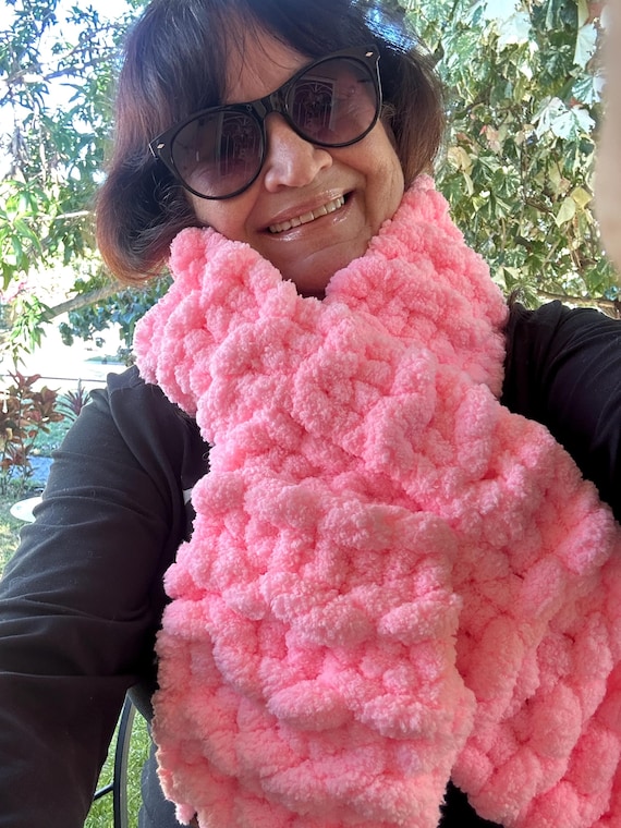 Chunky fingers knit pattern in PDF + video scarf with breast awareness sign.