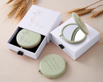 Birth Flower Compact Mirror, Personalized Bridesmaid Gift with Box, Double-sided Engraved Mirror Gift for Wedding/Birthday, Thank You Gift
