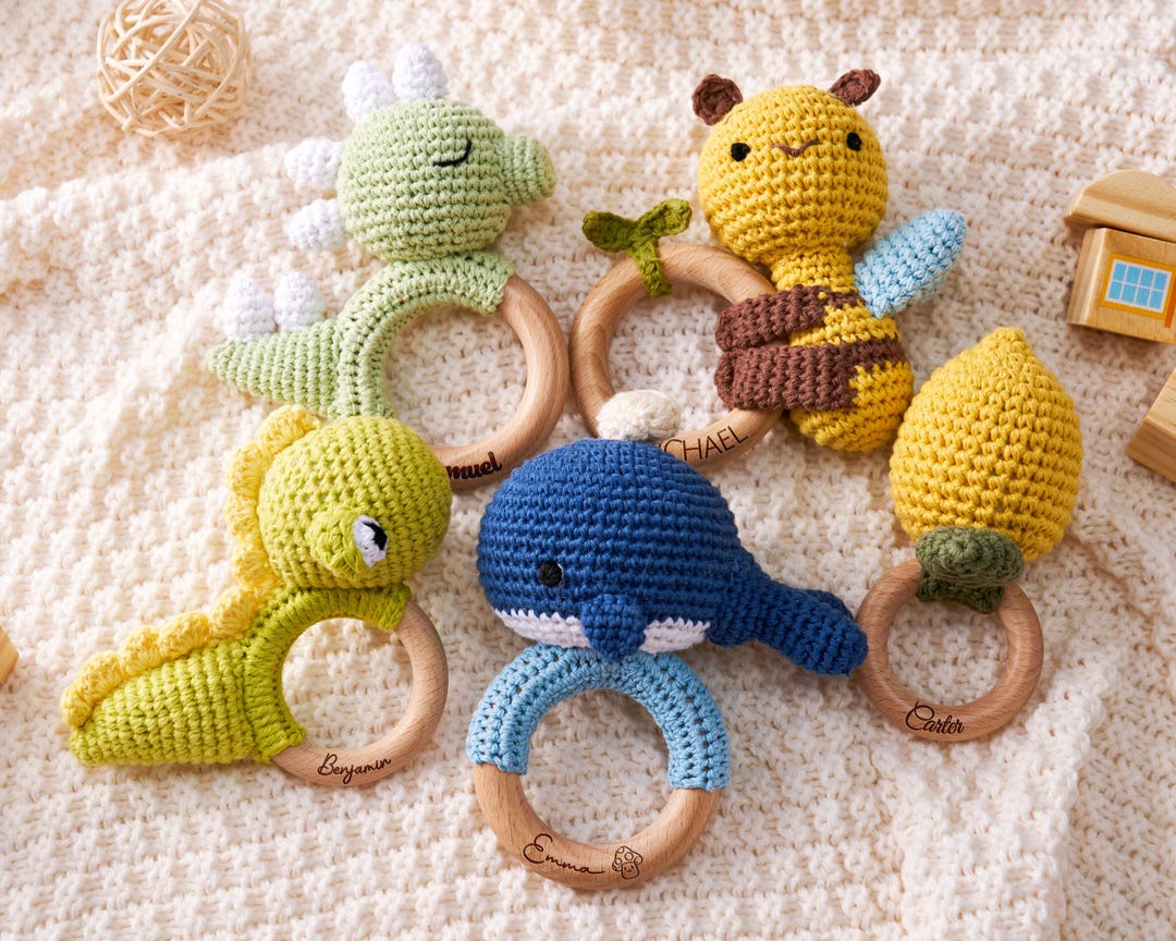 Crochet Dinosaur & Bee Baby Rattle, Handmade Wooden Infant Toy ...
