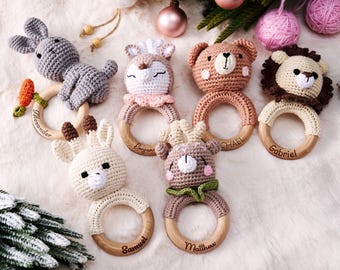 Personalized Elk & Lion Crochet Baby Rattle, Wooden Animal Infant Rattle, Handmade Baby Gift for Newborn Shower, First Birthday Keepsake