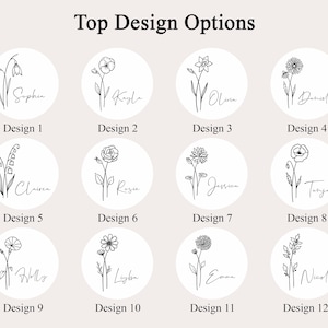 May include: Twelve circular designs featuring delicate line drawings of various flowers, each with a name in cursive script. The text "Top Design Options" is at the top. Each design is labeled with a number from 1 to 12.
