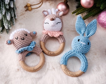 Personalized Bunny Crochet Baby Rattle, Wooden Animal Baby Toy, Handmade Infant Rattle for Easter Celebration, Newborn Gift or Baby Shower