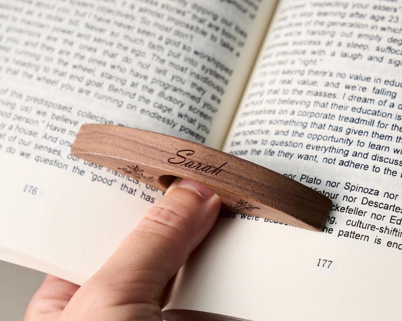 Custom Engraved Walnut Book Page Holder, Unique Wooden Thumb Spreader, Thoughtful Reading Accessories Gift for Readers and Teachers image 12