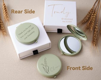 Custom Name Compact Mirror, Double-sided Engraved Mirror Gift Set, Birth Flower Mirror Gift for Wedding, Bridesmaid Proposal, Hen Party