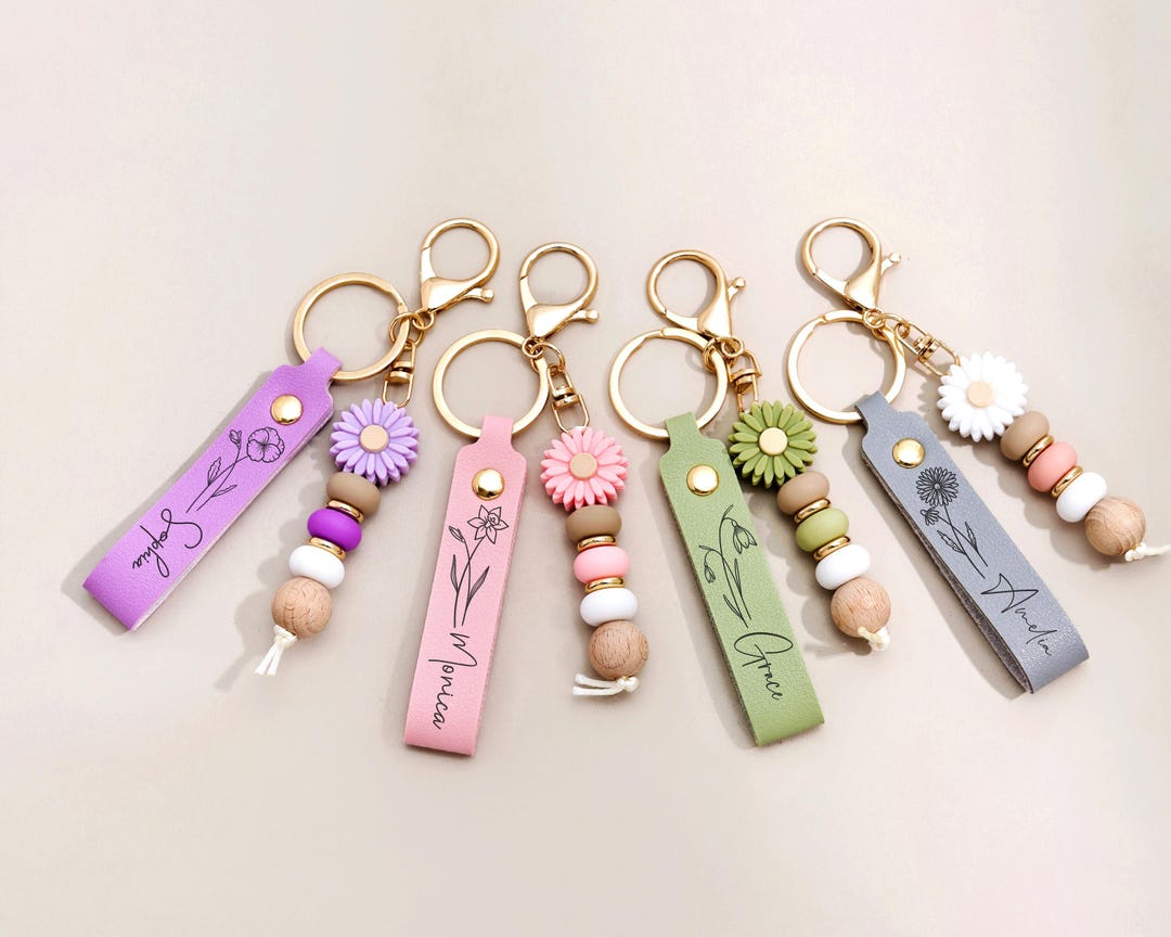 Personalized Daisy Beaded Keychain, Handmade Engraved Name Leather ...