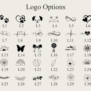 Pu&ograve; includere: Una collezione di opzioni di logo in bianco e nero, tra cui impronte di zampe, cuori, una faccia di cane, una faccia di gatto e altro. Il testo "Logo Options" &egrave; in alto.