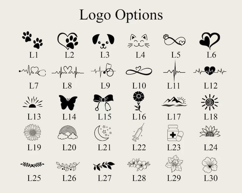 Pu&ograve; includere: Una collezione di opzioni di logo in bianco e nero, tra cui impronte di zampe, cuori, una faccia di cane, una faccia di gatto e altro. Il testo "Logo Options" &egrave; in alto.