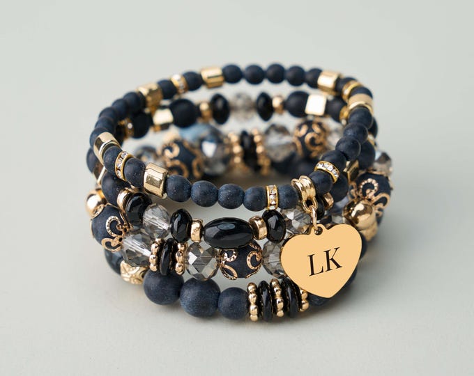Personalized Bohemian Bead Bracelets with Engraved Charm - 4 Stacked Stretch Bracelets Set, 8 Multi-Color Options, Boho Gift for Women
