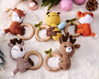 Wooden Elk & Fox Crochet Baby Rattle, Handmade Animal Rattle Toy, Personalized Infant Gift for Baby Shower, Newborn Keepsake or Christmas