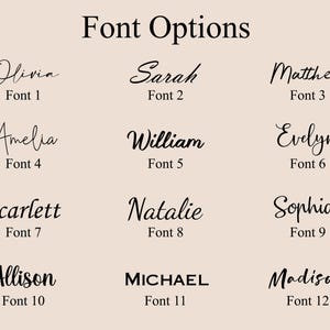 May include: A beige graphic with the text "Font Options" at the top. Below are twelve font options, each displaying a name and font number. Names include Olivia, Sarah, Matthew, Amelia, William, Evelyn, Scarlett, Natalie, Sophia, Allison, Michael, and Madison.