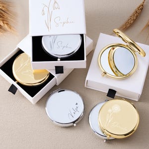Customized Pocket Makeup Mirror - Wedding Gift for Bridesmaid, Hen Party Gift, Double-sided Engraved Birth Flower Compact Mirror Gift Set