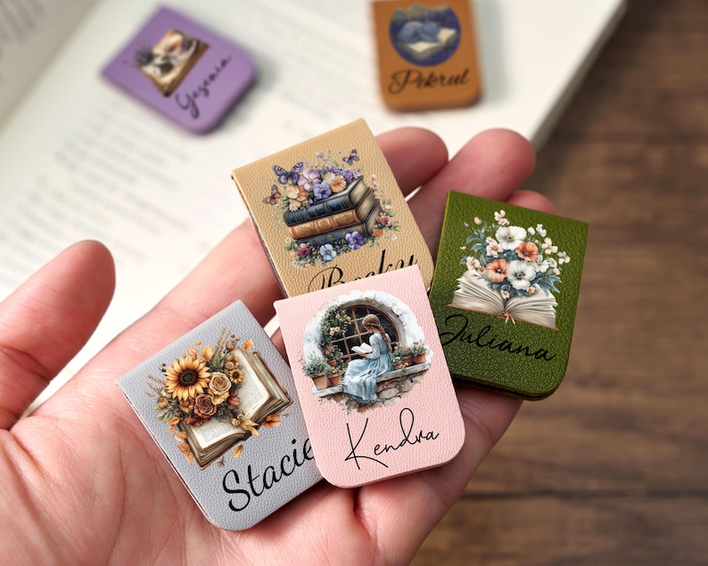 Personalized Leather Magnetic Bookmark With Floral Pattern, Custom Name ...