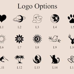 May include: A collection of 15 black logo options on a beige background. The logos include a heart, planet, moon and cloud, paw print, sun, flower, sun and moon, bird on a branch, deer head, mountains, palm trees, wolf in a circle, cat, and two hearts.